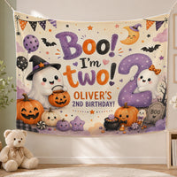 Custom Halloween Ghost Birthday Silk Banner for Toddler's 2nd Birthday Party, Boo I'm Two Design with Pumpkins, Bats, and Personalized Name