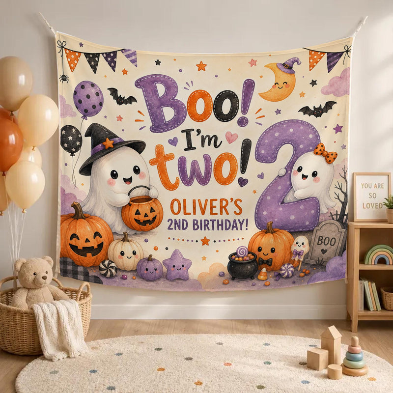 Custom Halloween Ghost Birthday Silk Banner for Toddler's 2nd Birthday Party, Boo I'm Two Design with Pumpkins, Bats, and Personalized Name