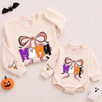 Custom Halloween Mama and Mini Matching Sweatshirt and Romper Set, Ghost and Bow Design, Soft Cotton Fall Outfit for Mom and Baby