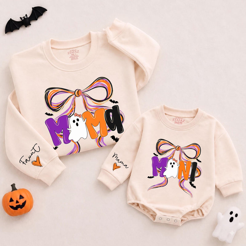 Custom Halloween Mama and Mini Matching Sweatshirt and Romper Set, Ghost and Bow Design, Soft Cotton Fall Outfit for Mom and Baby