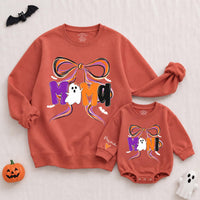 Custom Halloween Mama and Mini Matching Sweatshirt and Romper Set, Ghost and Bow Design, Soft Cotton Fall Outfit for Mom and Baby