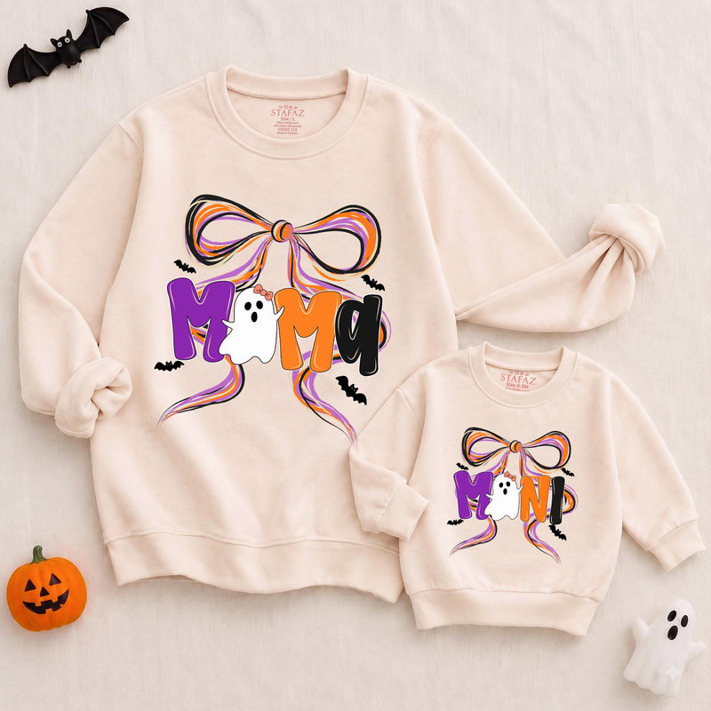 Custom Halloween Mama and Mini Matching Sweatshirt and Romper Set, Ghost and Bow Design, Soft Cotton Fall Outfit for Mom and Baby