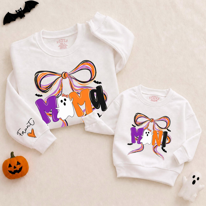 Custom Halloween Mama and Mini Matching Sweatshirt and Romper Set, Ghost and Bow Design, Soft Cotton Fall Outfit for Mom and Baby