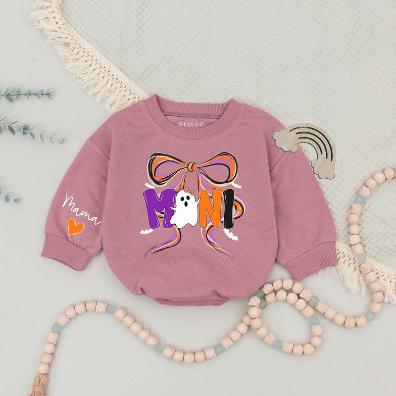 Custom Halloween Mama and Mini Matching Sweatshirt and Romper Set, Ghost and Bow Design, Soft Cotton Fall Outfit for Mom and Baby