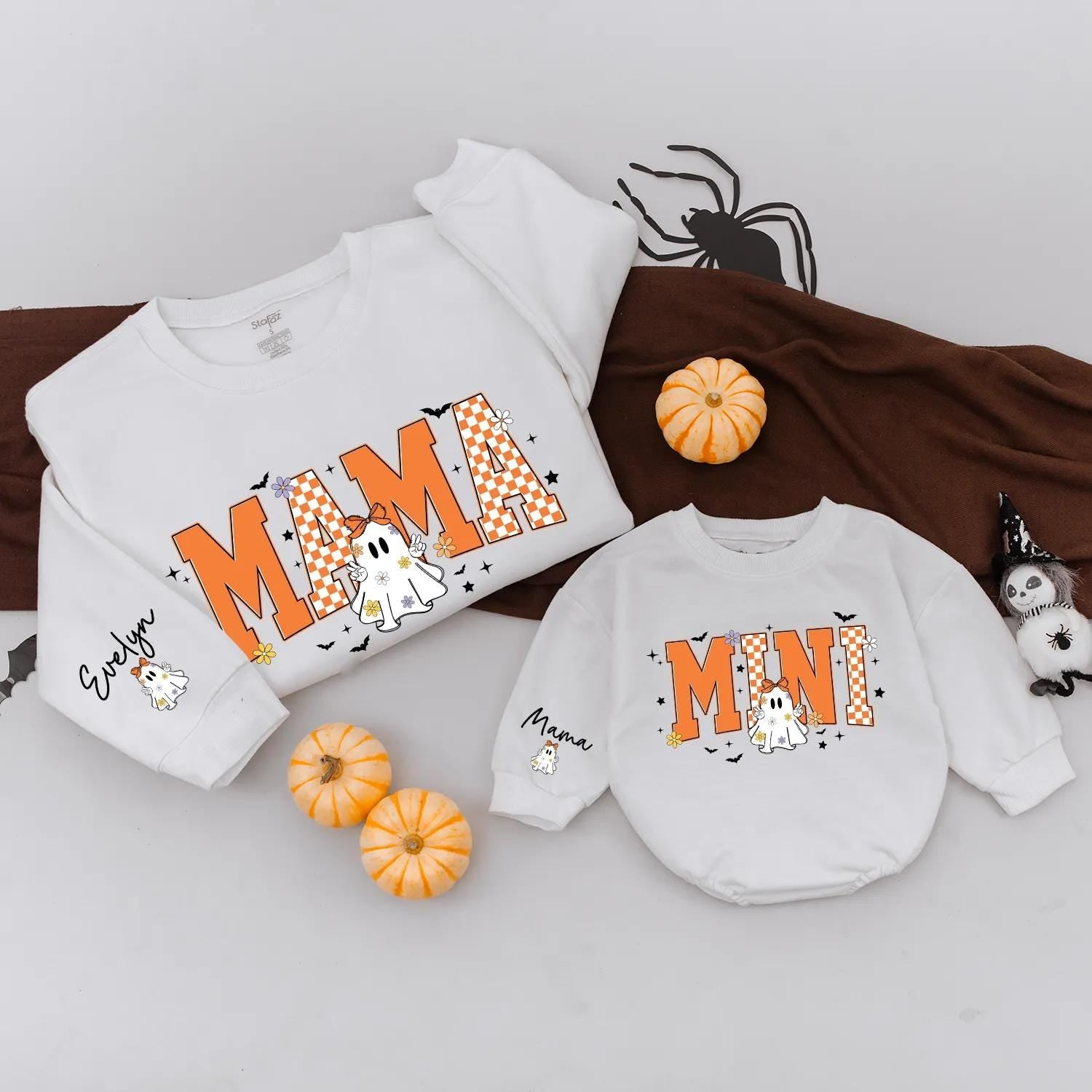 Custom Halloween Mama Mini Matching Sweatshirts with Ghost and Stars Retro Design Personalized Fall Family Outfits Mom Baby Gift