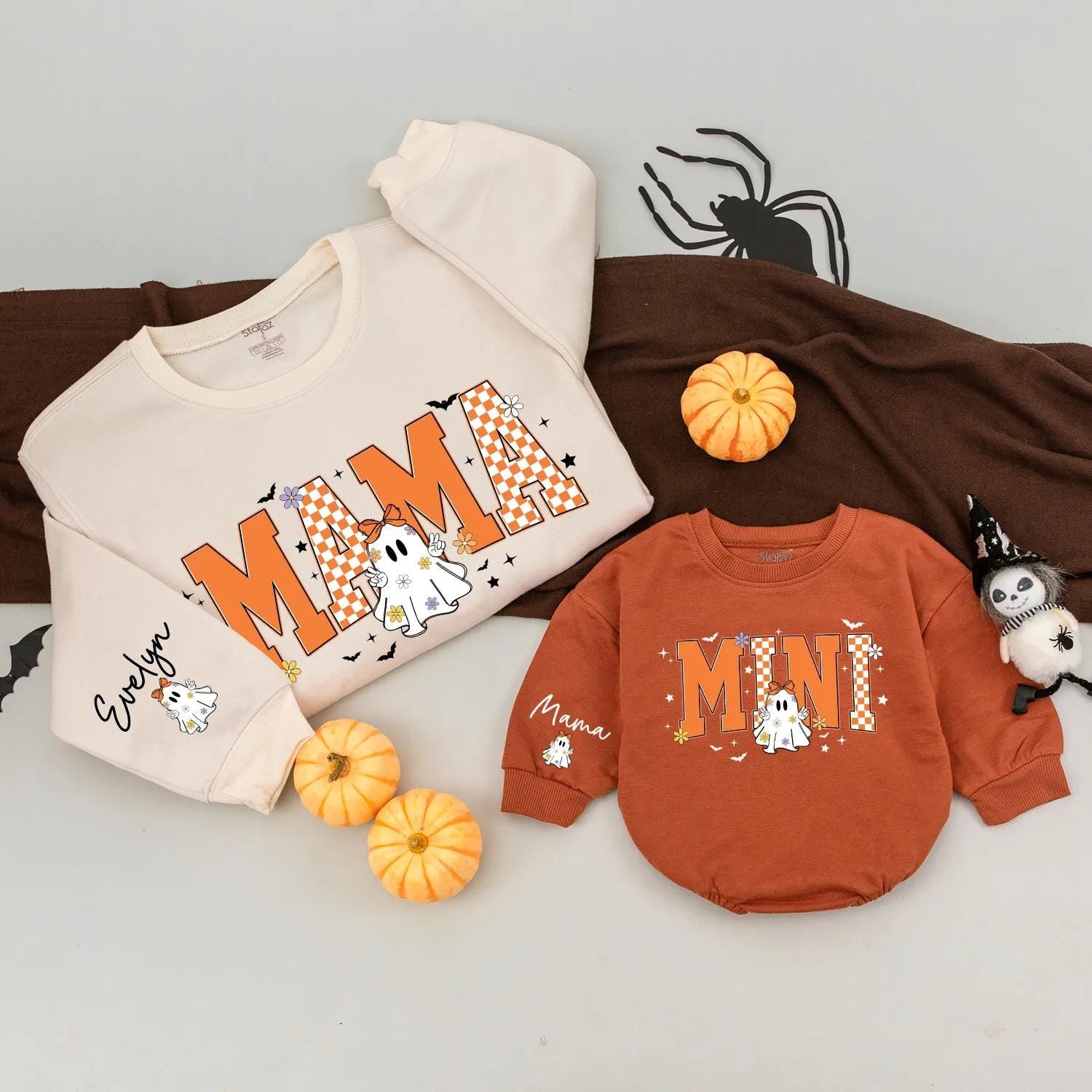 Custom Halloween Mama Mini Matching Sweatshirts with Ghost and Stars Retro Design Personalized Fall Family Outfits Mom Baby Gift