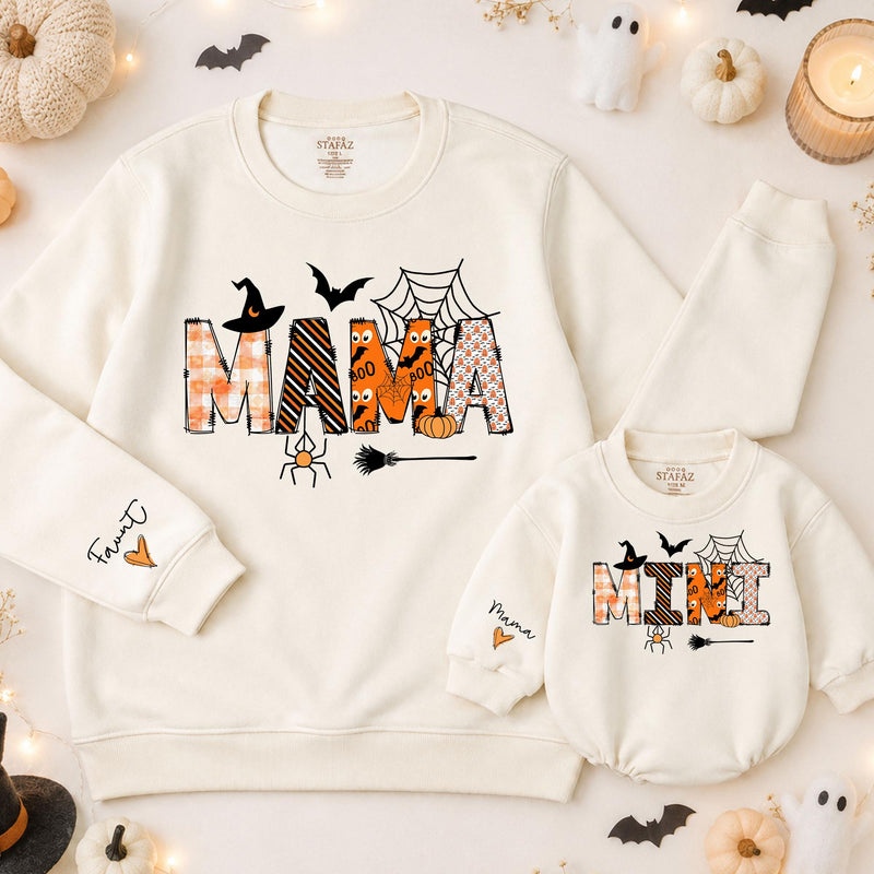 Custom Halloween Mama Mini Sweatshirt and Romper with Witch Hat and Spider Web Artwork, Matching Mom Baby Outfits, Sizes NB-2XL