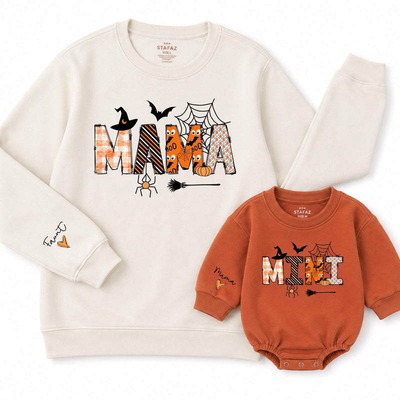 Custom Halloween Mama Mini Sweatshirt and Romper with Witch Hat and Spider Web Artwork, Matching Mom Baby Outfits, Sizes NB-2XL