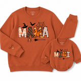 Custom Halloween Mama Mini Sweatshirt and Romper with Witch Hat and Spider Web Artwork, Matching Mom Baby Outfits, Sizes NB-2XL