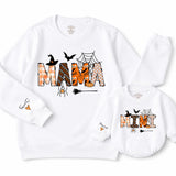 Custom Halloween Mama Mini Sweatshirt and Romper with Witch Hat and Spider Web Artwork, Matching Mom Baby Outfits, Sizes NB-2XL