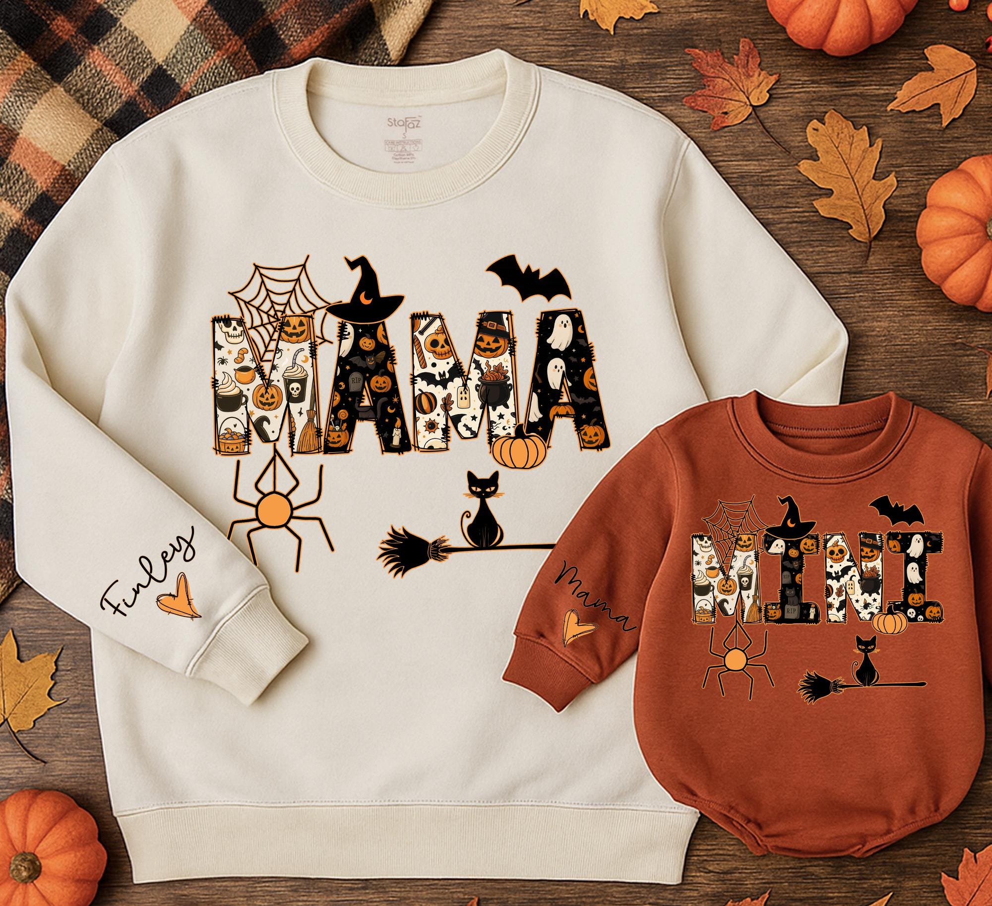 Custom Halloween Mama Mini Sweatshirts Ghost Pumpkin Design Family Outfit Personalized Handwritten Cotton Gift