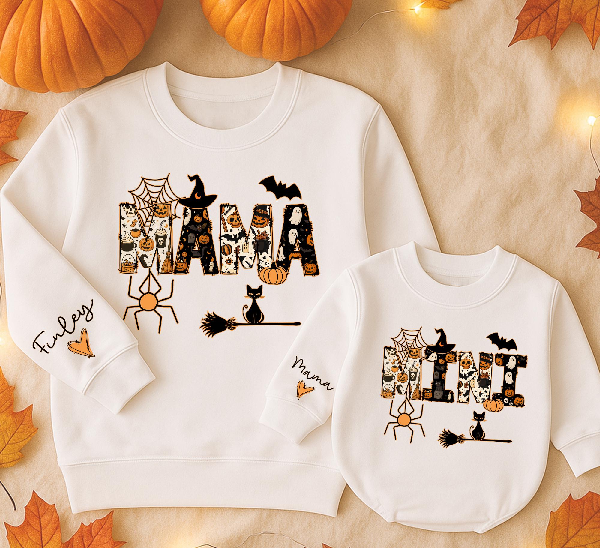 Custom Halloween Mama Mini Sweatshirts Ghost Pumpkin Design Family Outfit Personalized Handwritten Cotton Gift