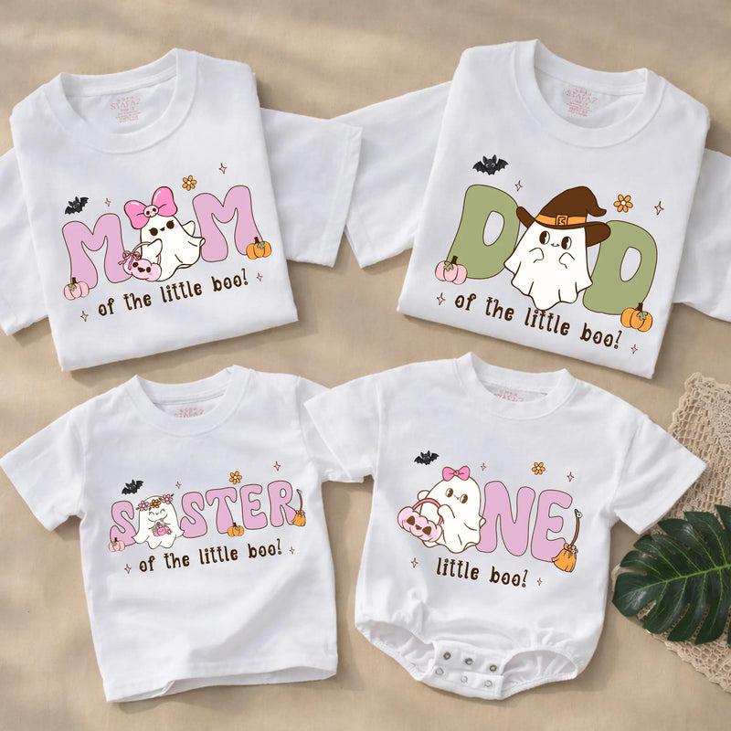 Custom Halloween Matching Family Shirts with Ghost Artwork, Soft Cotton Tee & Romper for Mom, Dad, Sister, Baby, Perfect Fall Outfit
