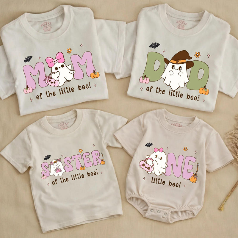 Custom Halloween Matching Family Shirts with Ghost Artwork, Soft Cotton Tee & Romper for Mom, Dad, Sister, Baby, Perfect Fall Outfit