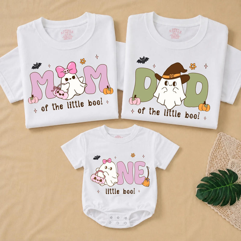 Custom Halloween Matching Family Shirts with Ghost Artwork, Soft Cotton Tee & Romper for Mom, Dad, Sister, Baby, Perfect Fall Outfit