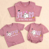 Custom Halloween Matching Family Shirts with Ghost Artwork, Soft Cotton Tee & Romper for Mom, Dad, Sister, Baby, Perfect Fall Outfit