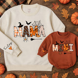 Custom Halloween Matching Mama and Mini Sweatshirts, Soft Cotton Family Outfits with Spider Web Artwork, Baby Romper for Fall Parties