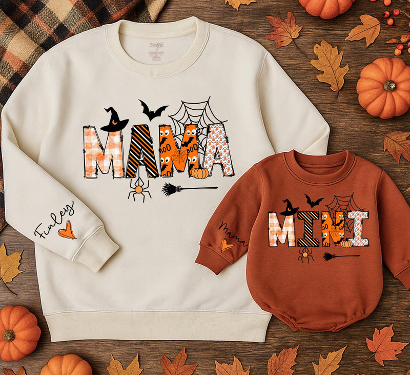 Custom Halloween Matching Mama and Mini Sweatshirts, Soft Cotton Family Outfits with Spider Web Artwork, Baby Romper for Fall Parties