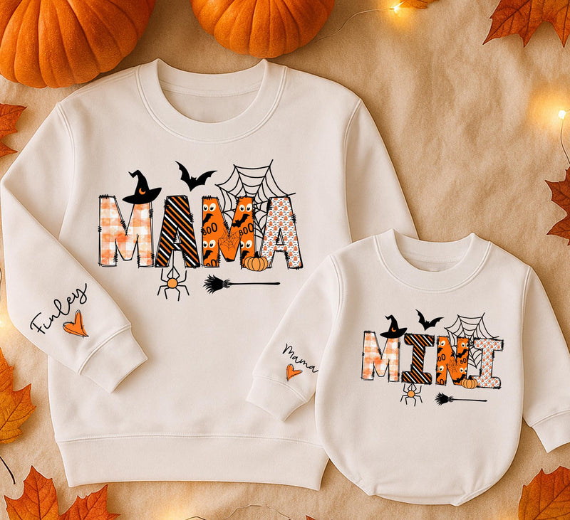 Custom Halloween Matching Mama and Mini Sweatshirts, Soft Cotton Family Outfits with Spider Web Artwork, Baby Romper for Fall Parties