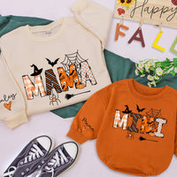 Custom Halloween Matching Mama and Mini Sweatshirts, Soft Cotton Family Outfits with Spider Web Artwork, Baby Romper for Fall Parties