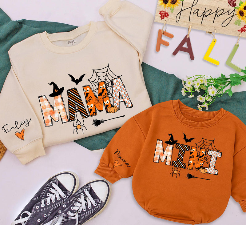 Custom Halloween Matching Mama and Mini Sweatshirts, Soft Cotton Family Outfits with Spider Web Artwork, Baby Romper for Fall Parties