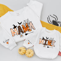 Custom Halloween Matching Mama and Mini Sweatshirts, Soft Cotton Family Outfits with Spider Web Artwork, Baby Romper for Fall Parties