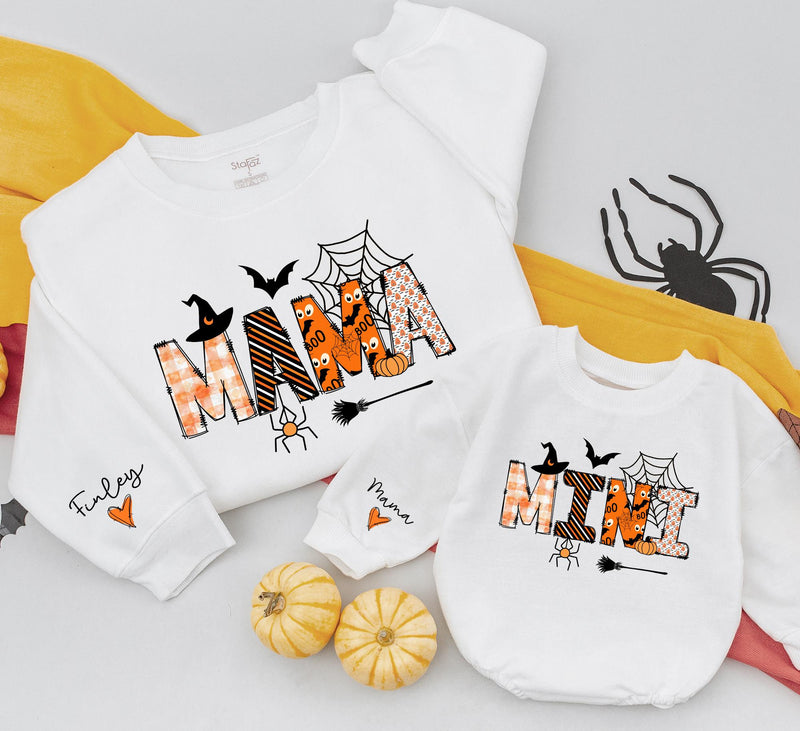 Custom Halloween Matching Mama and Mini Sweatshirts, Soft Cotton Family Outfits with Spider Web Artwork, Baby Romper for Fall Parties