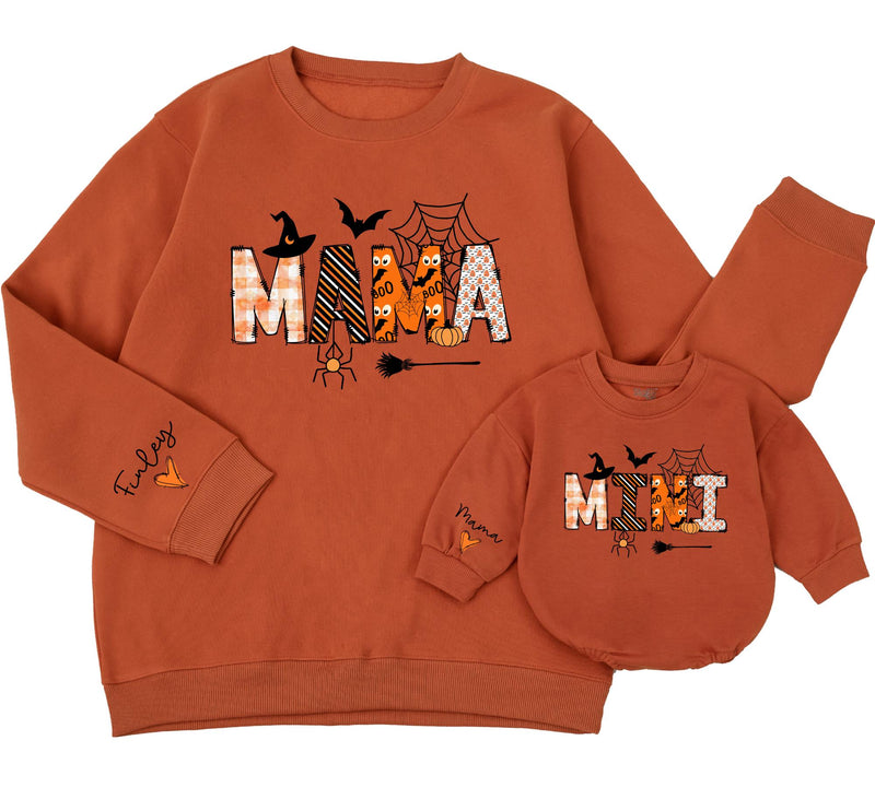 Custom Halloween Matching Mama and Mini Sweatshirts, Soft Cotton Family Outfits with Spider Web Artwork, Baby Romper for Fall Parties