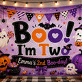 Custom Halloween Silk Banner - Boo I'm Two with Ghosts, Pumpkins & Purple Theme - Personalized Birthday Party Decor for Toddlers & Kids