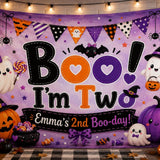 Custom Halloween Silk Banner - Boo I'm Two with Ghosts, Pumpkins & Purple Theme - Personalized Birthday Party Decor for Toddlers & Kids