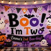 Custom Halloween Silk Banner - Boo I'm Two with Ghosts, Pumpkins & Purple Theme - Personalized Birthday Party Decor for Toddlers & Kids
