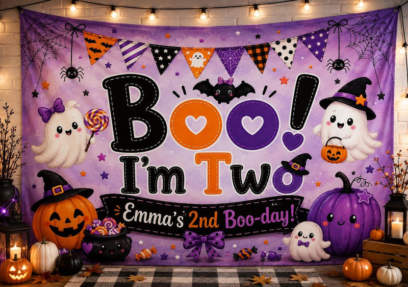 Custom Halloween Silk Banner - Boo I'm Two with Ghosts, Pumpkins & Purple Theme - Personalized Birthday Party Decor for Toddlers & Kids