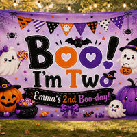Custom Halloween Silk Banner - Boo I'm Two with Ghosts, Pumpkins & Purple Theme - Personalized Birthday Party Decor for Toddlers & Kids
