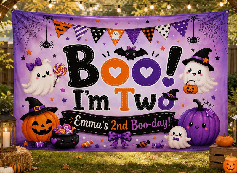 Custom Halloween Silk Banner - Boo I'm Two with Ghosts, Pumpkins & Purple Theme - Personalized Birthday Party Decor for Toddlers & Kids