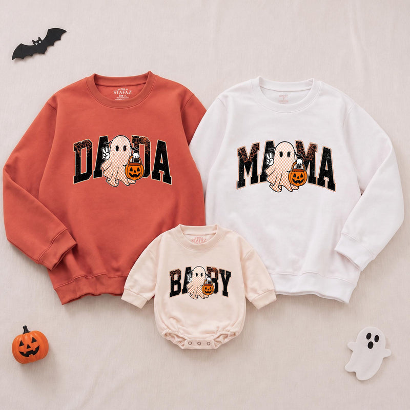Custom Halloween Sweatshirts & Rompers, Cute Ghost & Pumpkin Prints for Baby, Kids, Mom & Dad, Matching Family Outfits, Fall Apparel