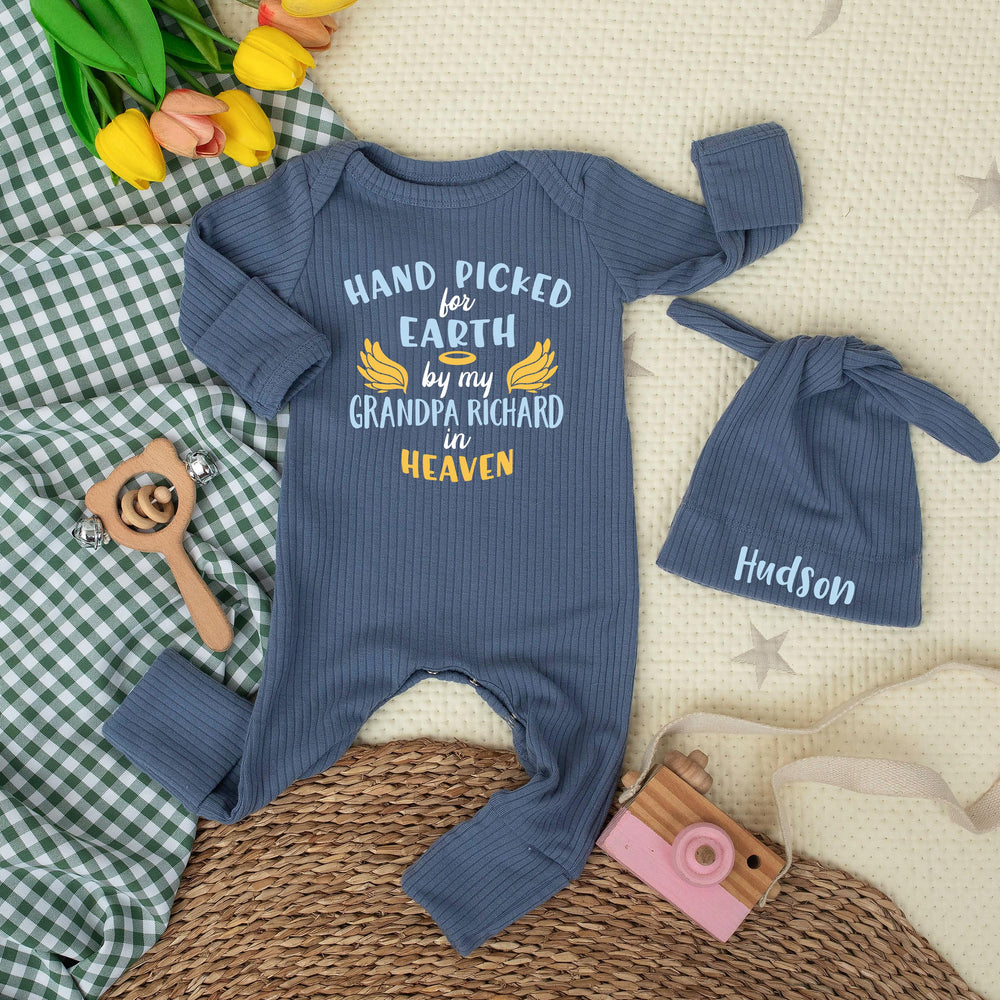 Custom Hand Picked for Earth by My Uncle in Heaven Bodysuit with Hat Baby Clothes Newborn Outfit Sentimental Gift Light Blue Yellow Design