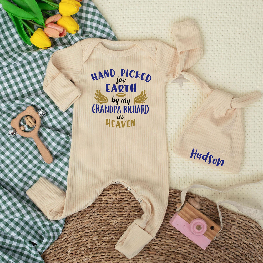 Custom Hand Picked for Earth by My Uncle in Heaven Bodysuit with Hat Baby Clothes Newborn Outfit Sentimental Gift Light Blue Yellow Design