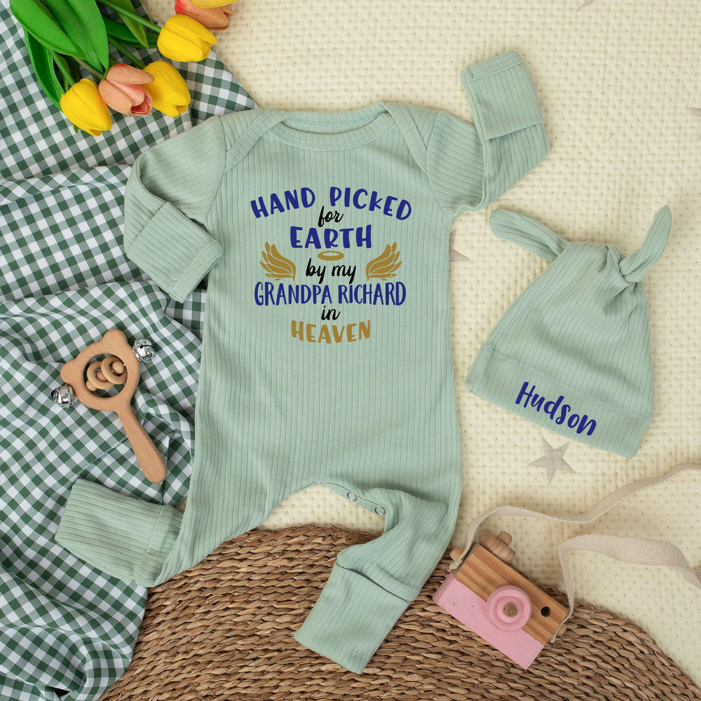 Custom Hand Picked for Earth by My Uncle in Heaven Bodysuit with Hat Baby Clothes Newborn Outfit Sentimental Gift Light Blue Yellow Design