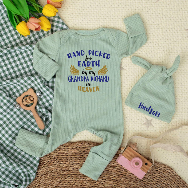 Custom Hand Picked for Earth by My Uncle in Heaven Bodysuit with Hat Baby Clothes Newborn Outfit Sentimental Gift Light Blue Yellow Design