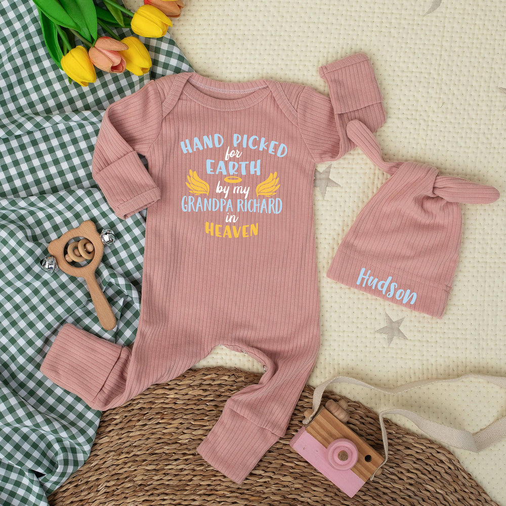 Custom Hand Picked for Earth by My Uncle in Heaven Bodysuit with Hat Baby Clothes Newborn Outfit Sentimental Gift Light Blue Yellow Design