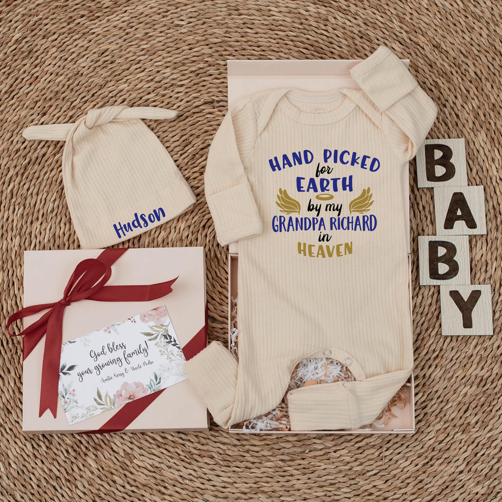 Custom Hand Picked for Earth by My Uncle in Heaven Bodysuit with Hat Baby Clothes Newborn Outfit Sentimental Gift Light Blue Yellow Design