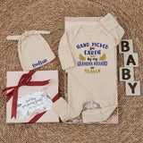 Custom Hand Picked for Earth by My Uncle in Heaven Bodysuit with Hat Baby Clothes Newborn Outfit Sentimental Gift Light Blue Yellow Design