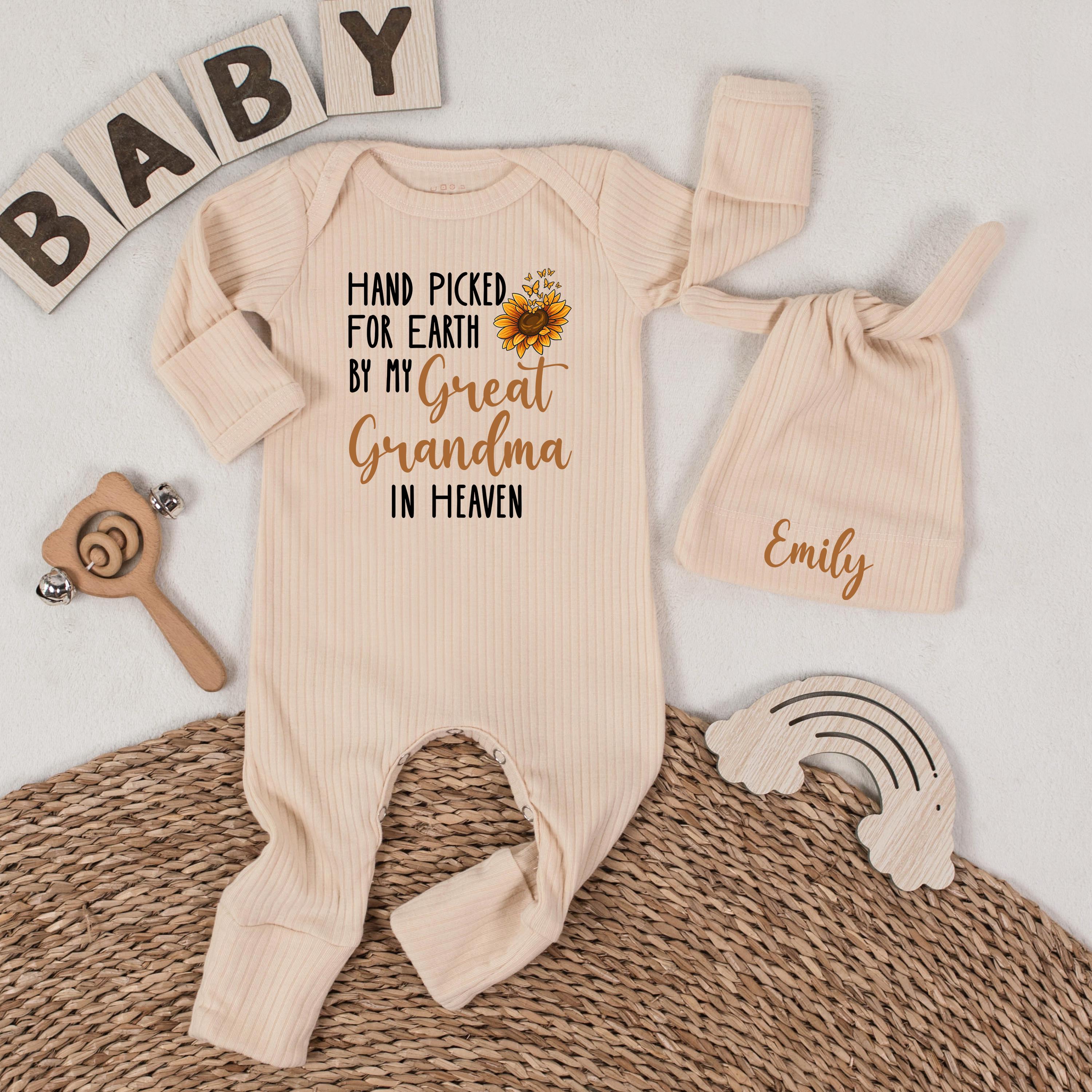 Custom Handpicked for Earth Baby Bodysuit and Hat Set with Great Grandma in Heaven Quote, Soft Cotton Newborn Outfit, Baby Shower Gift