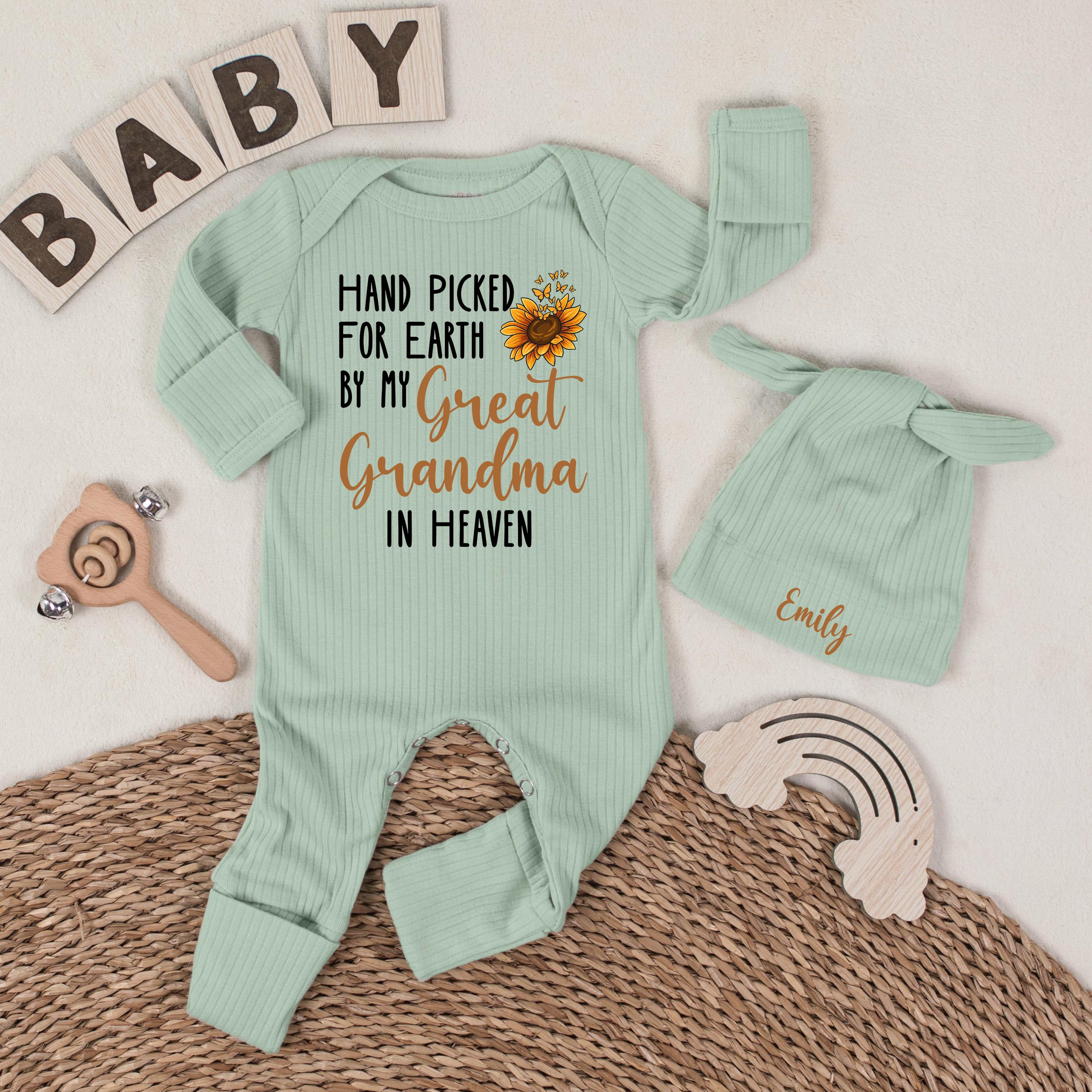 Custom Handpicked for Earth Baby Bodysuit and Hat Set with Great Grandma in Heaven Quote, Soft Cotton Newborn Outfit, Baby Shower Gift