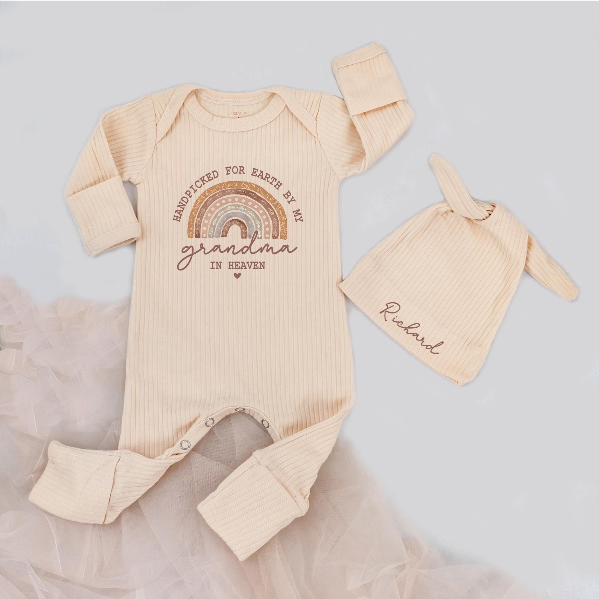 Custom Handpicked for Earth Baby Bodysuit & Hat Set with Rainbow Artwork, Grandma in Heaven Quote, Soft Ribbed Cotton Newborn Outfit