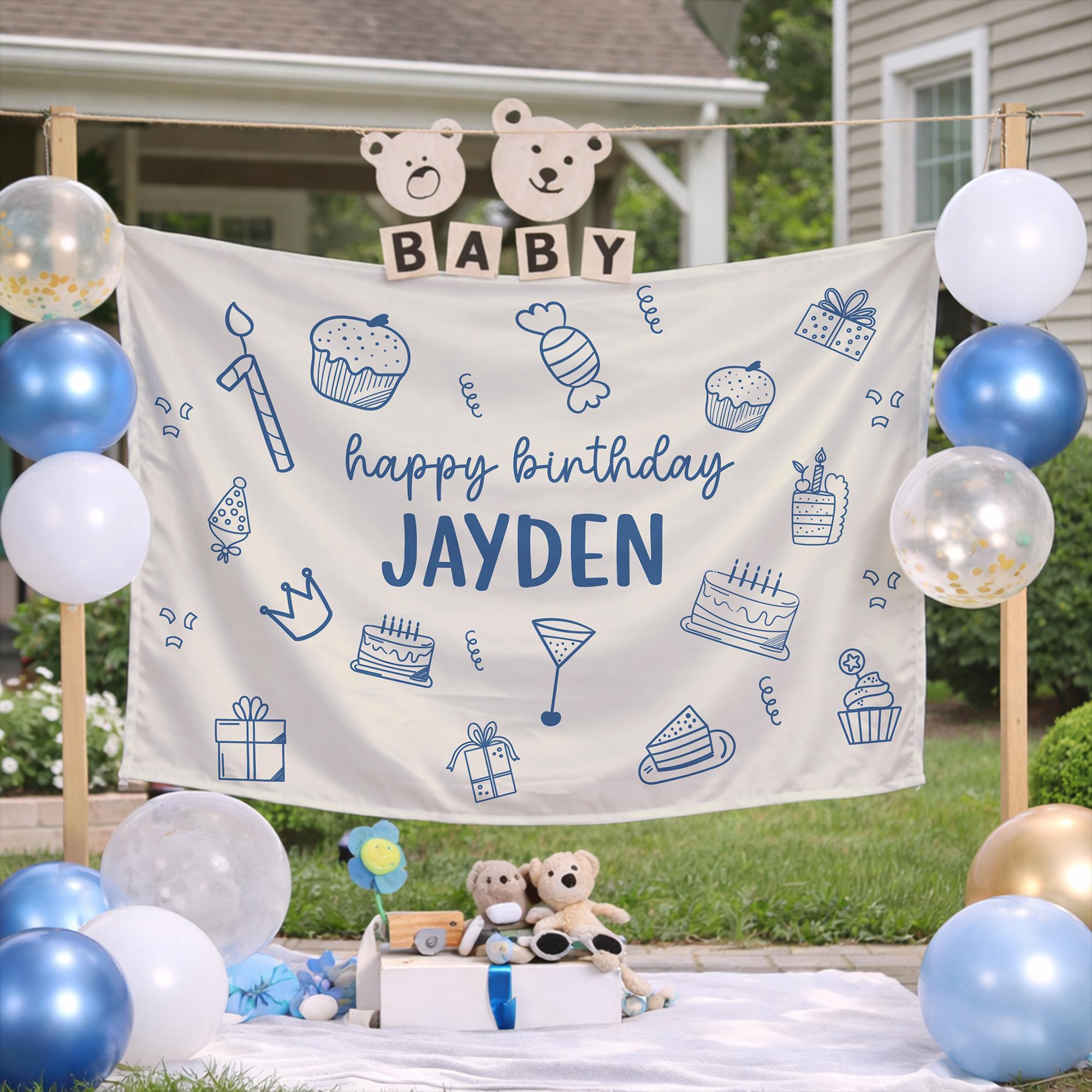 Custom Happy Birthday Banner for Kids, Personalized Party Backdrop with Blue Cake, Gift, Candy Pattern, Silk Design for Boys or Girls