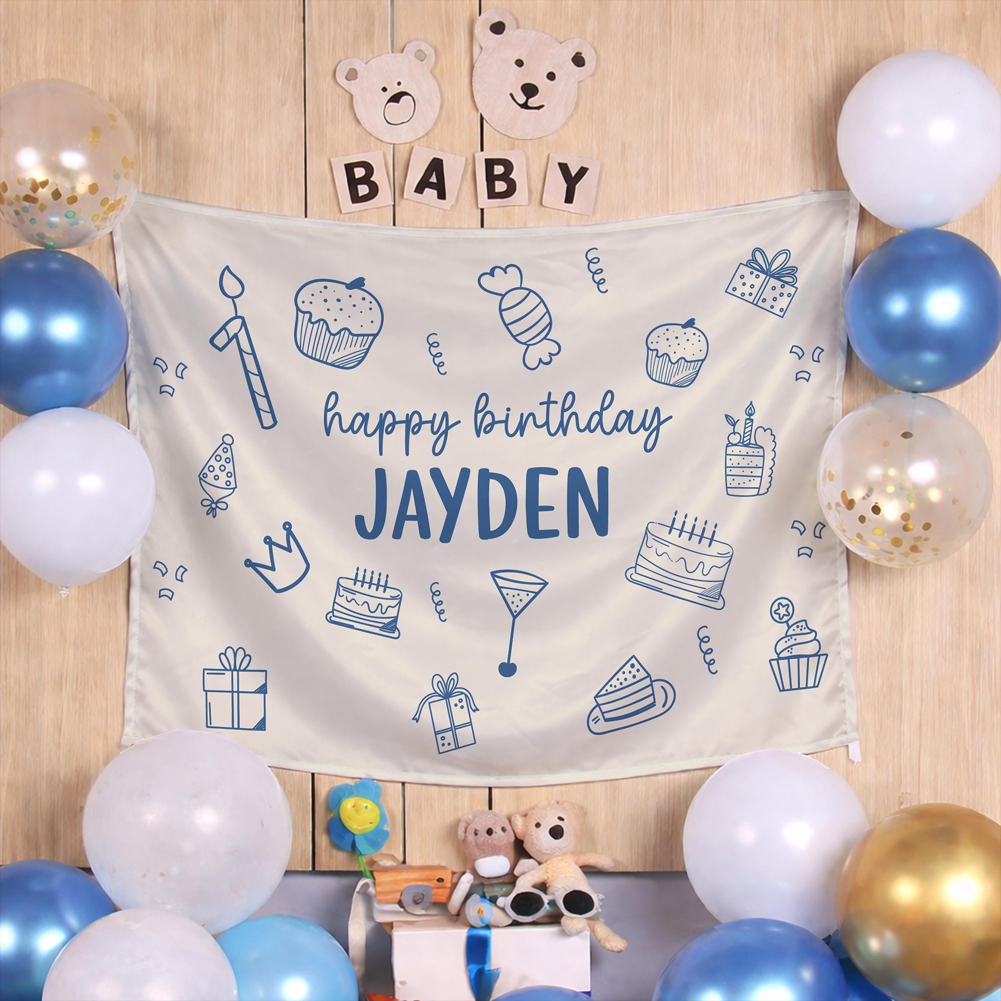 Custom Happy Birthday Banner for Kids, Personalized Party Backdrop with Blue Cake, Gift, Candy Pattern, Silk Design for Boys or Girls