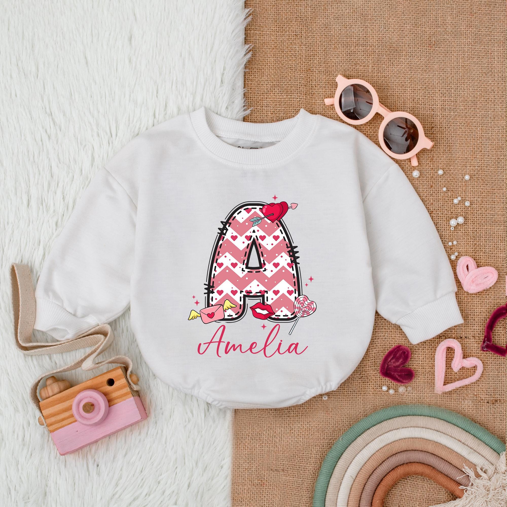 Custom Heart Bow Valentine Romper for Baby Girls with Amelia's Name Soft Cotton First Valentine's Outfit Charming Design