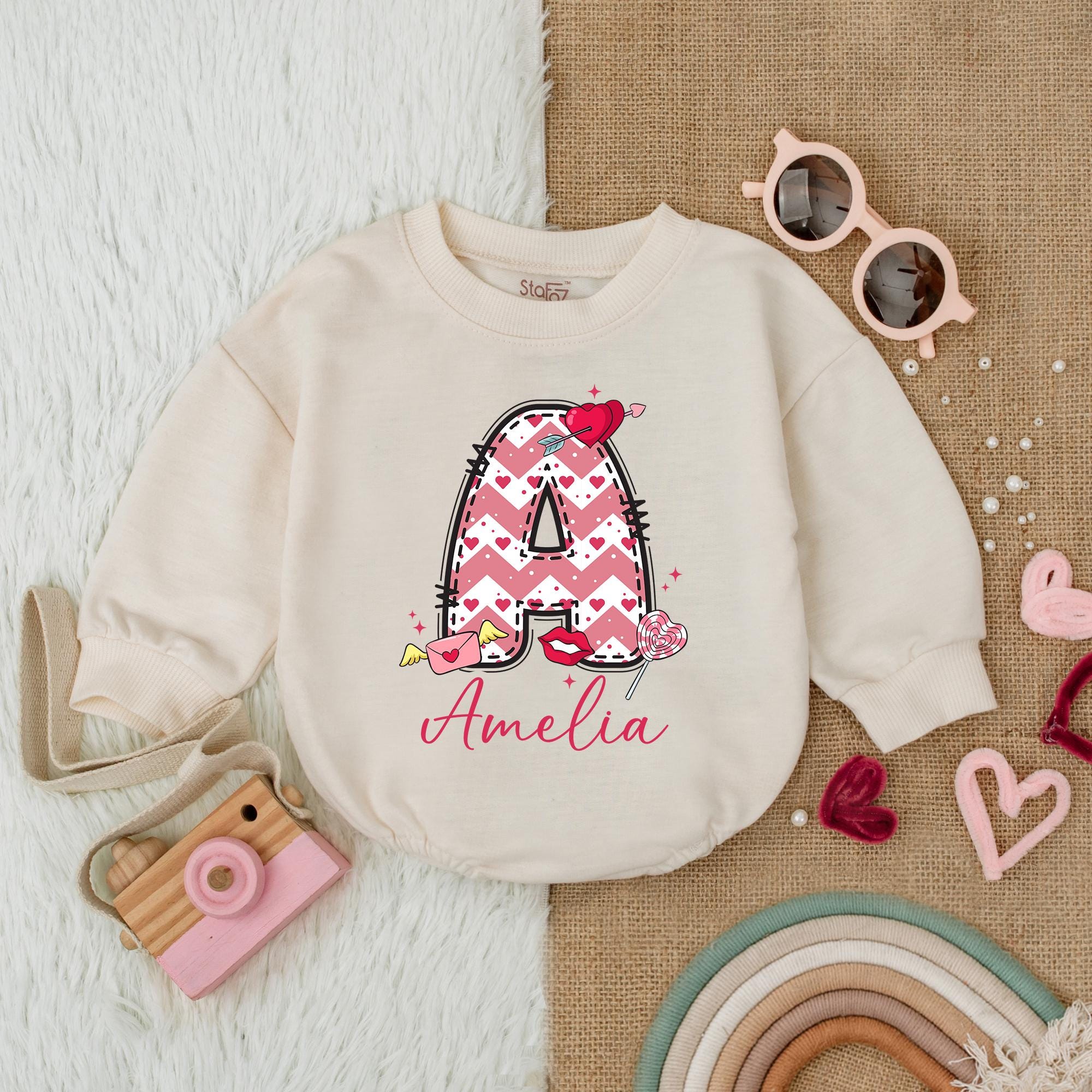 Custom Heart Bow Valentine Romper for Baby Girls with Amelia's Name Soft Cotton First Valentine's Outfit Charming Design