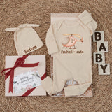 Custom Helicopter Baby Bodysuit with 'I'm Heli-Cute' Graphic, Soft Cotton Newborn Outfit, Personalized Hat, Baby Shower Gift for Pilots